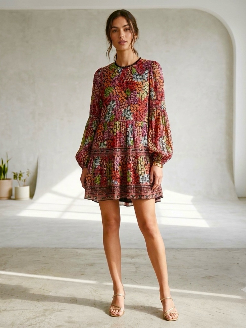 SAYLOR floral long sleeve swing mini dress Size S boho tiered fall multicolor